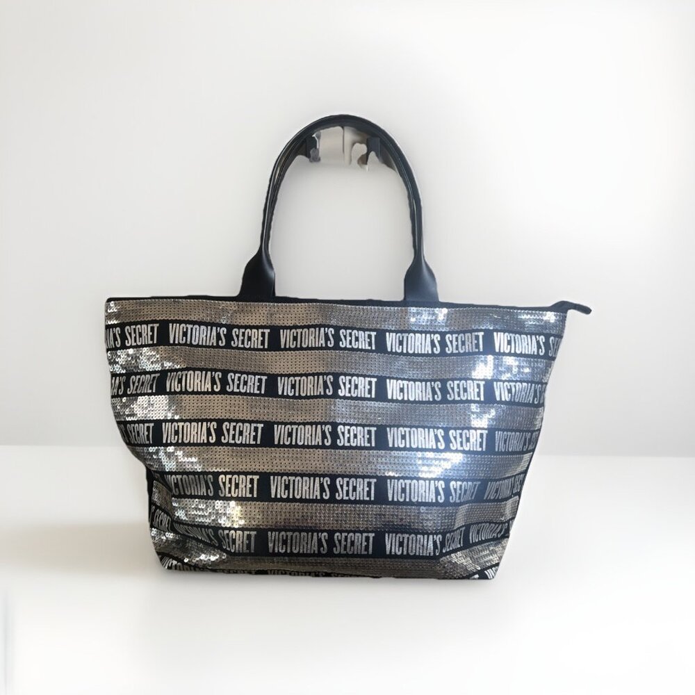 Victoria Secret Bag Black & Silver Sequined Weekender Travel Glam Tote